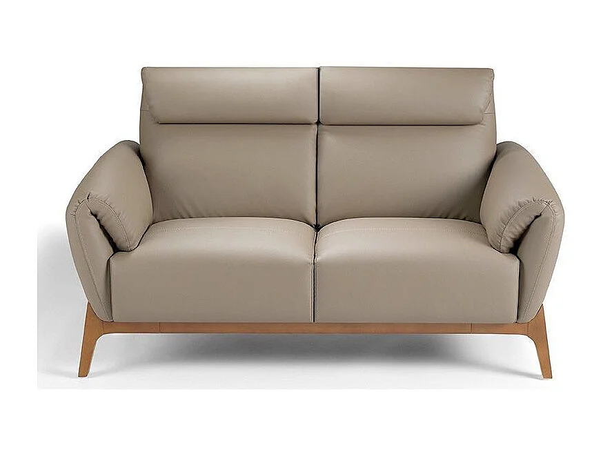 Eigentijdse 2-zitsbank bekleed met notenhout en Bima leer-Kleur Aqua 82 Taupe