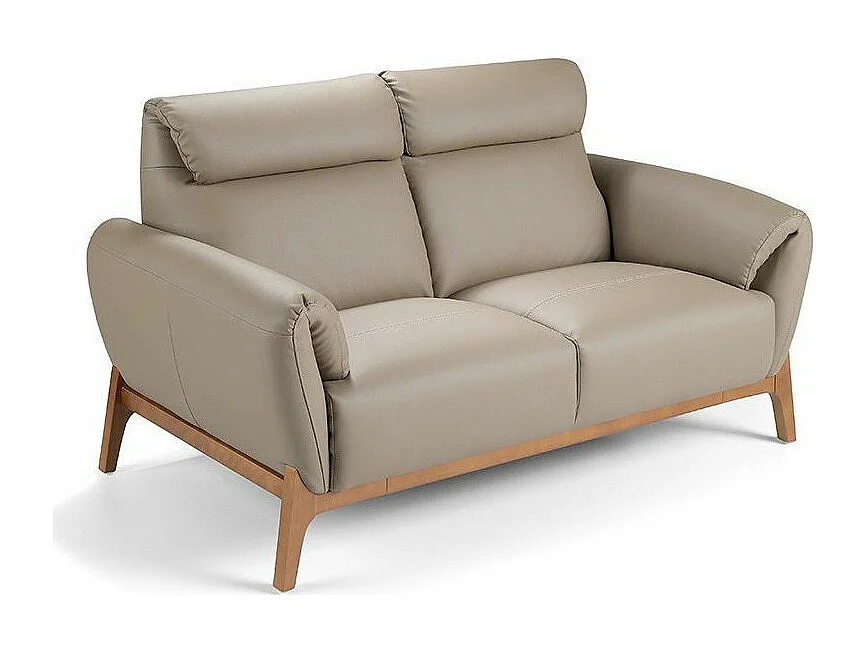 Canapé 2 places contemporain capitonné bois noyer et cuir Bima-Couleur Aqua 72 Gris foncé