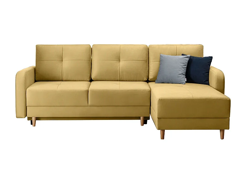 Canapé angle réversible Scandinave tissu jaune et pieds bois clair Kindo 240cm