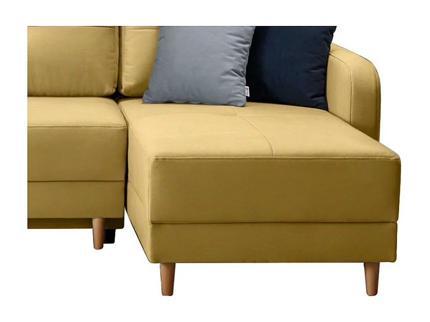 Canapé angle réversible Scandinave tissu jaune et pieds bois clair Kindo 240cm