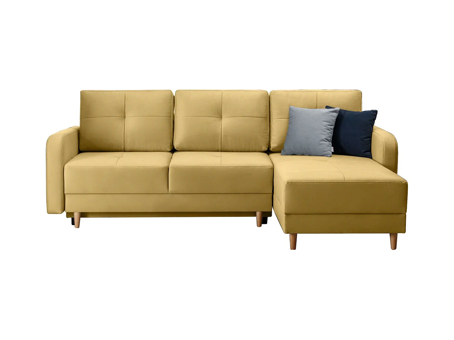 Canapé angle réversible Scandinave tissu jaune et pieds bois clair Kindo 240cm