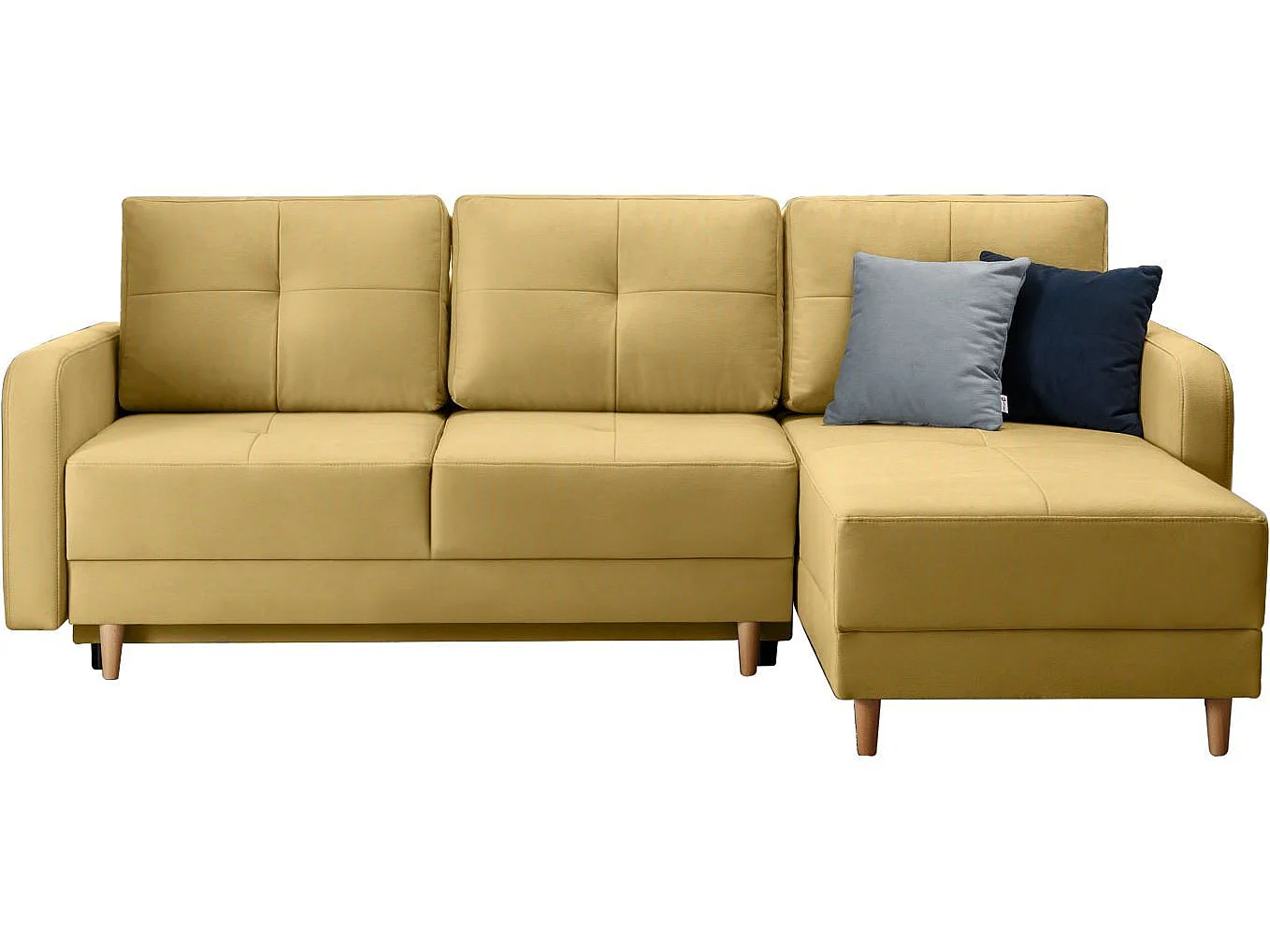 Canapé d’angle réversible convertible KINDO en tissu avec pieds en bois clair – 240cm-Jaune