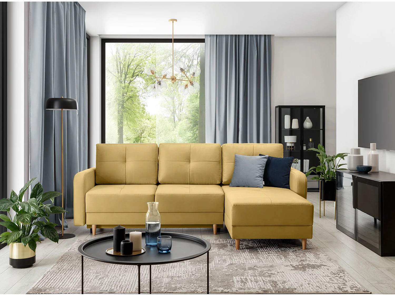 Canapé d’angle réversible convertible KINDO en tissu avec pieds en bois clair – 240cm-Jaune