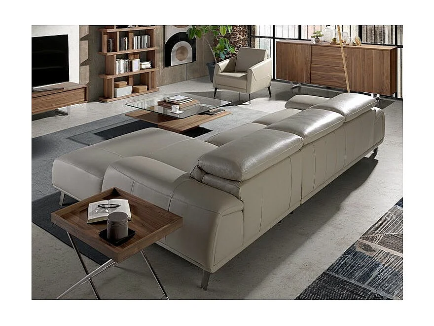 Canapé d'angle droit cuir beige clair et pieds acier Adile