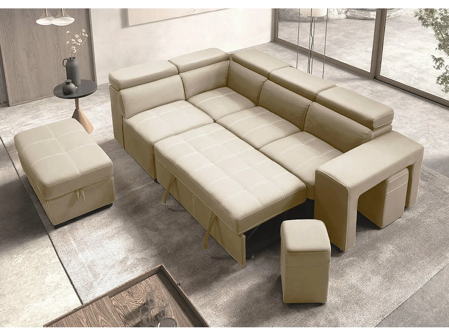 Canapé d'angle en microfibre avec 2 poufs et 1 coffre Selina-Couleur Beige-angle gauche