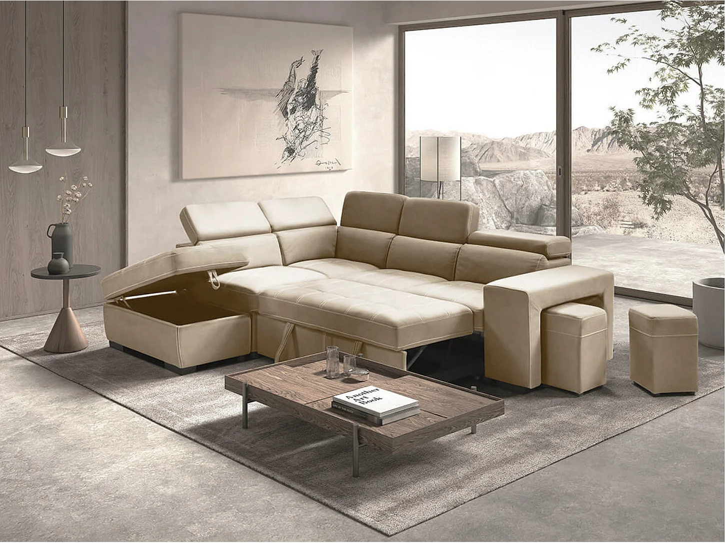 Canapé d'angle en microfibre avec 2 poufs et 1 coffre Selina-Couleur Beige-angle gauche