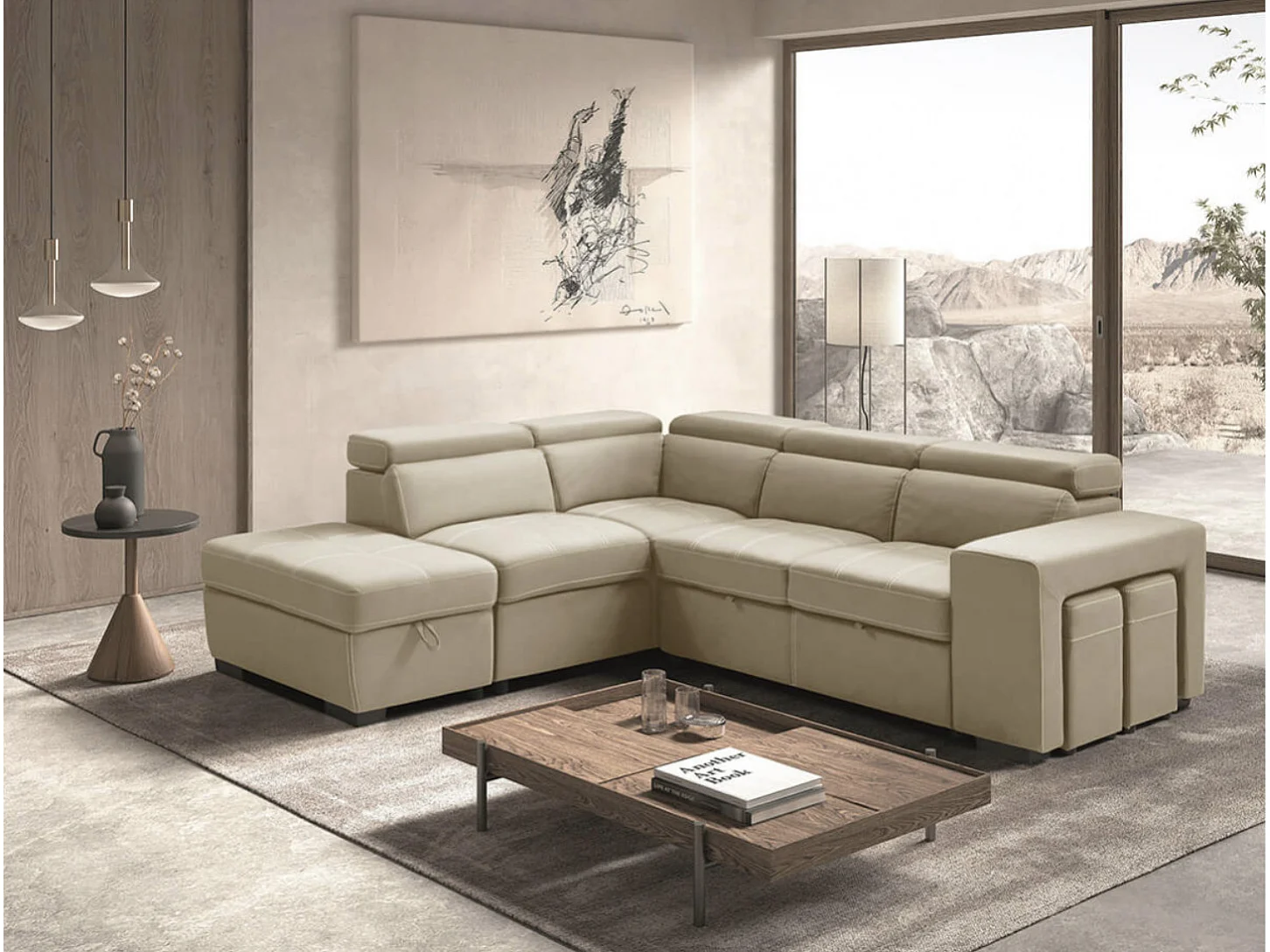 Canapé d'angle en microfibre avec 2 poufs et 1 coffre Selina-Couleur Beige-angle gauche