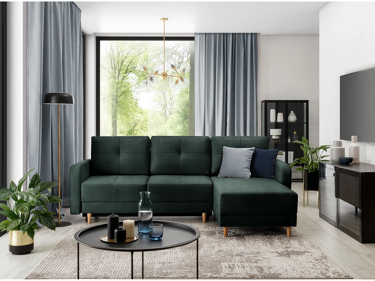 Canapé angle réversible Scandinave velours vert anglais et pieds bois clair Kindo 240cm