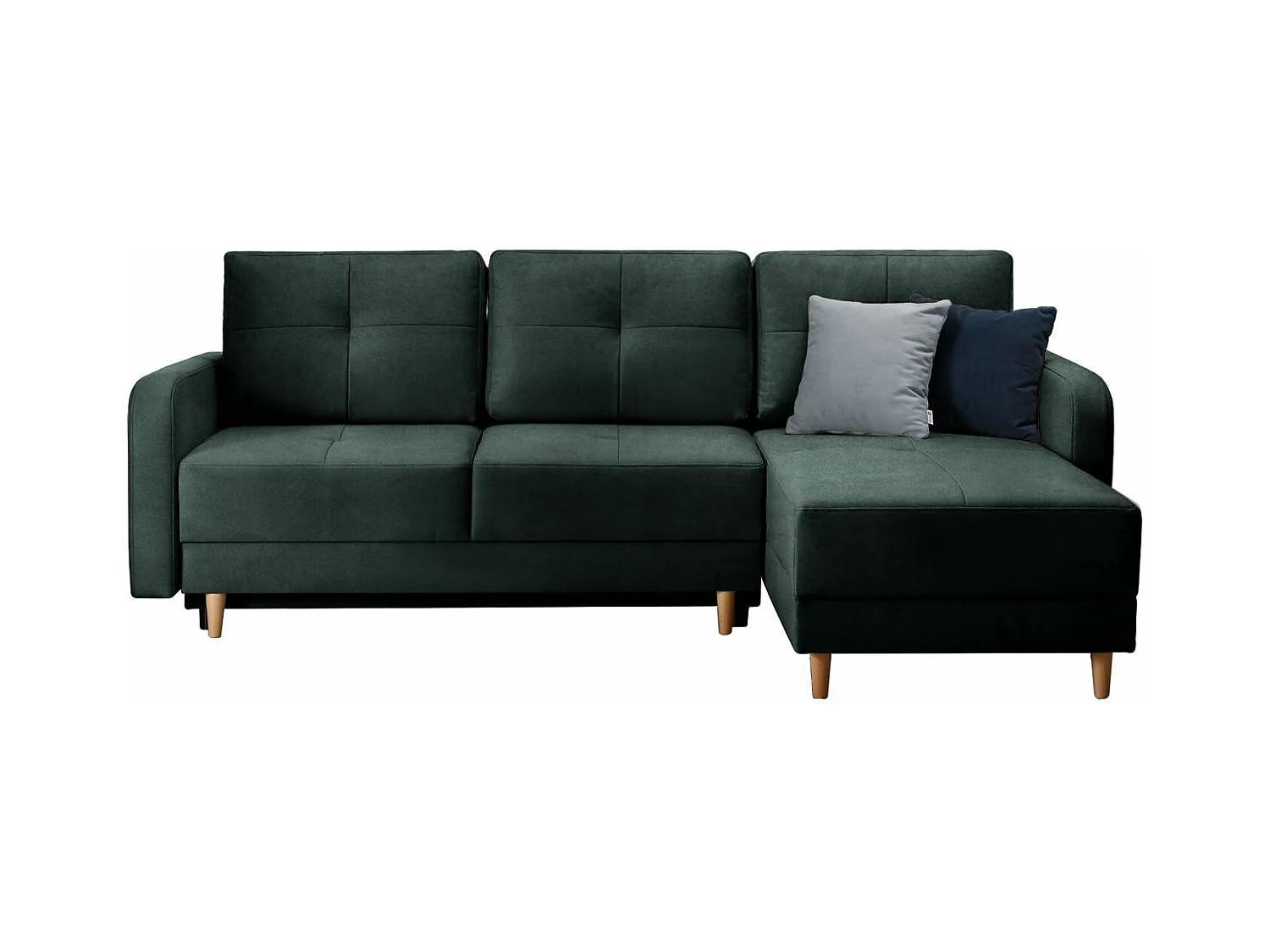Canapé angle réversible Scandinave velours vert anglais et pieds bois clair Kindo 240cm