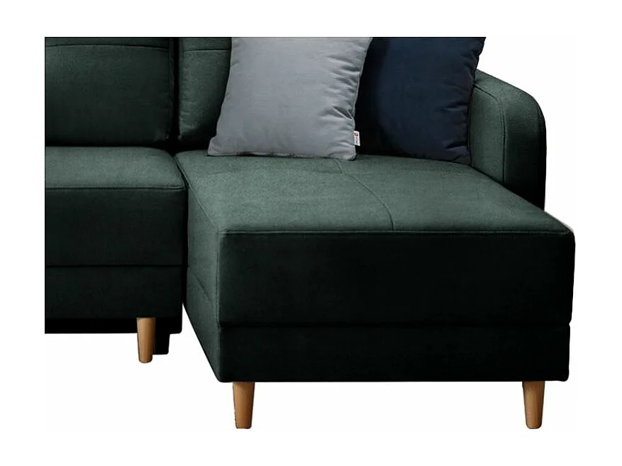 Canapé angle réversible Scandinave velours vert anglais et pieds bois clair Kindo 240cm