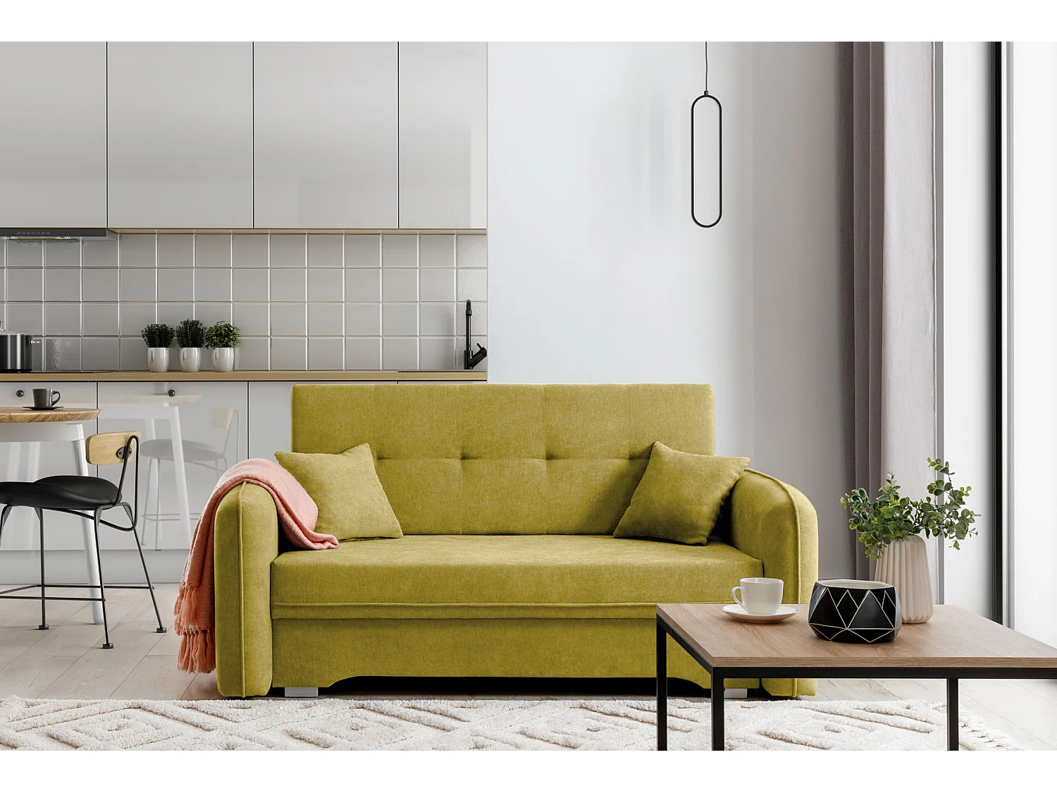 Petit canapé convertible original tissu vert pistache Lany 155cm