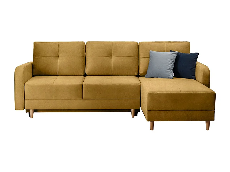 Canapé angle réversible Scandinave velours jaune et pieds bois clair Kindo 240cm