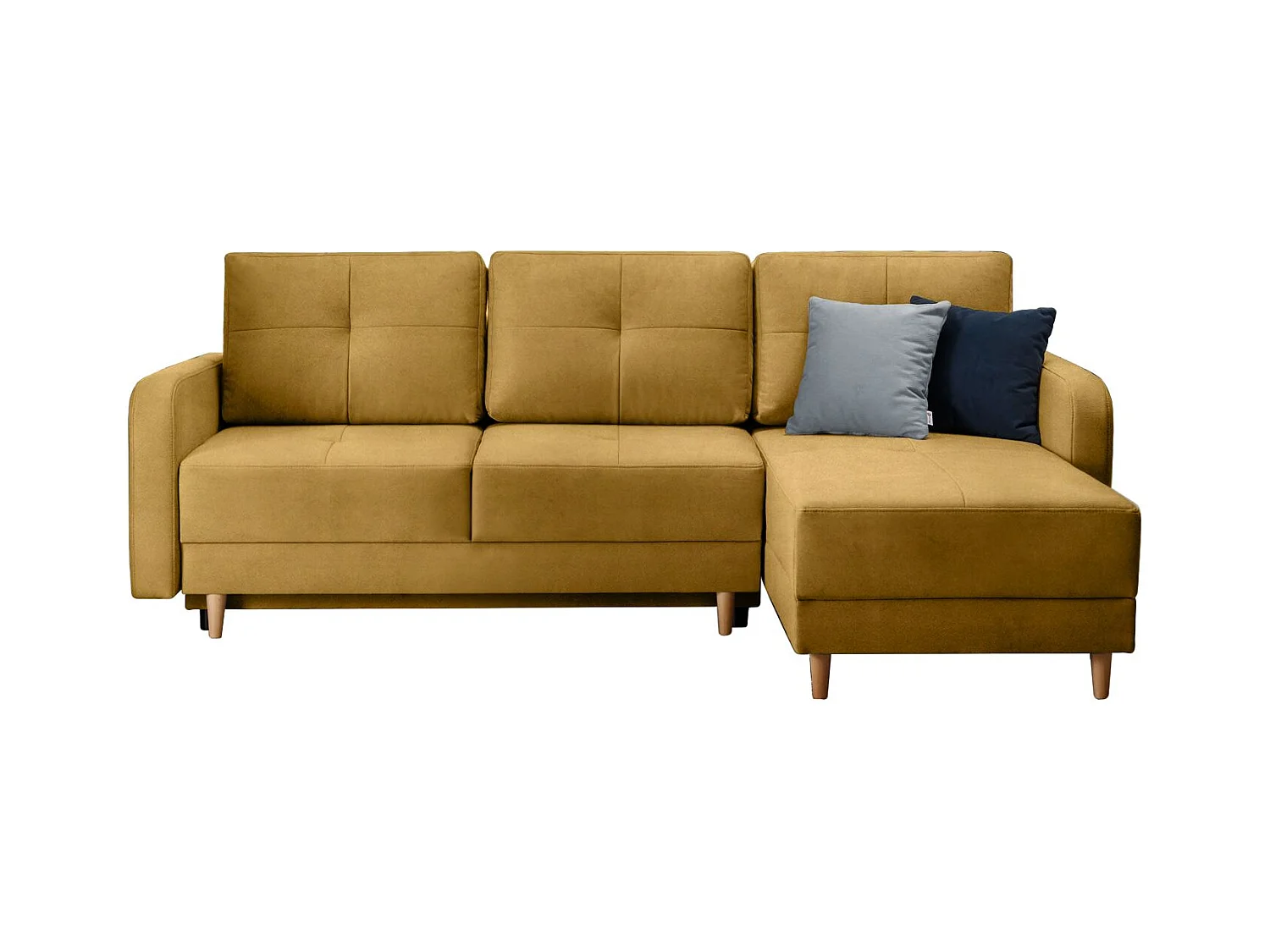 Canapé angle réversible Scandinave velours jaune et pieds bois clair Kindo 240cm