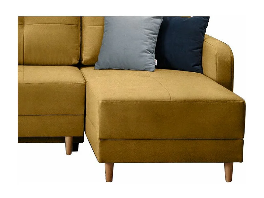 Canapé angle réversible Scandinave velours jaune et pieds bois clair Kindo 240cm