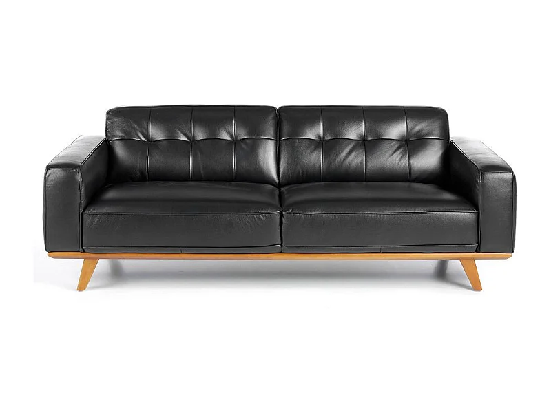 3-zitsbank in gewatteerd zwart leer en massief houten poten Kiro