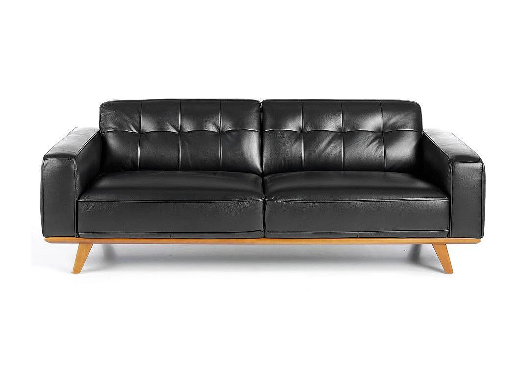 Canapé 3 places cuir noir matelassé et pieds bois massif Kiro