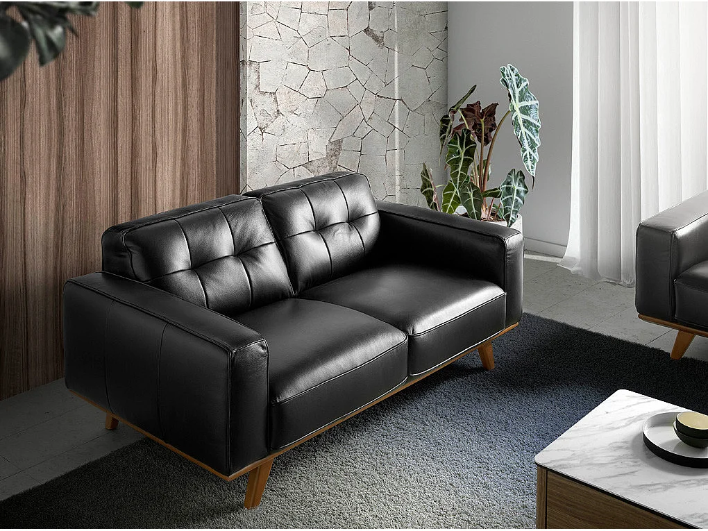Canapé 3 places cuir noir matelassé et pieds bois massif Kiro