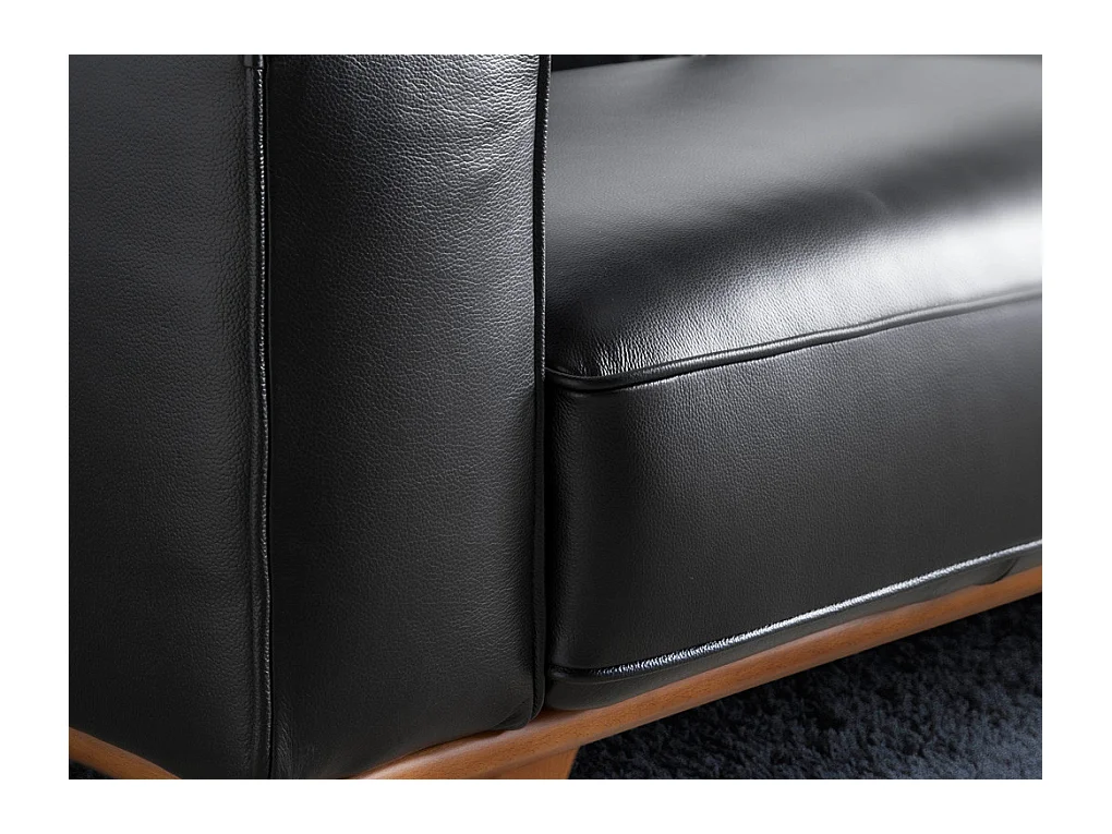 Canapé 3 places cuir noir matelassé et pieds bois massif Kiro