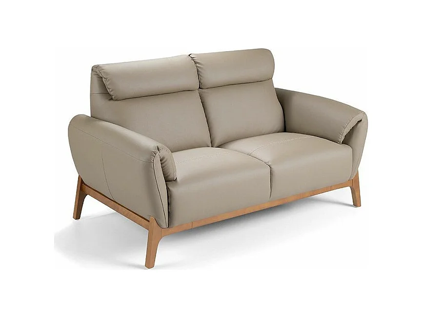 Canapé 2 places contemporain capitonné bois noyer et cuir Bima-Couleur Aqua 04 Beige