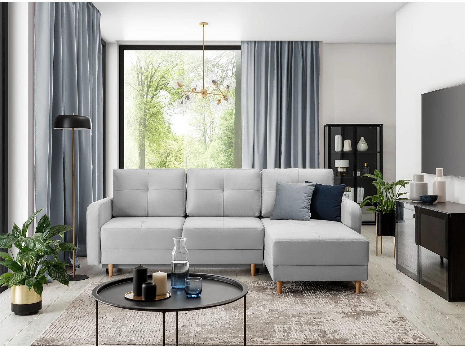 Canapé d’angle réversible convertible KINDO en tissu avec pieds en bois clair – 240cm-Gris souris