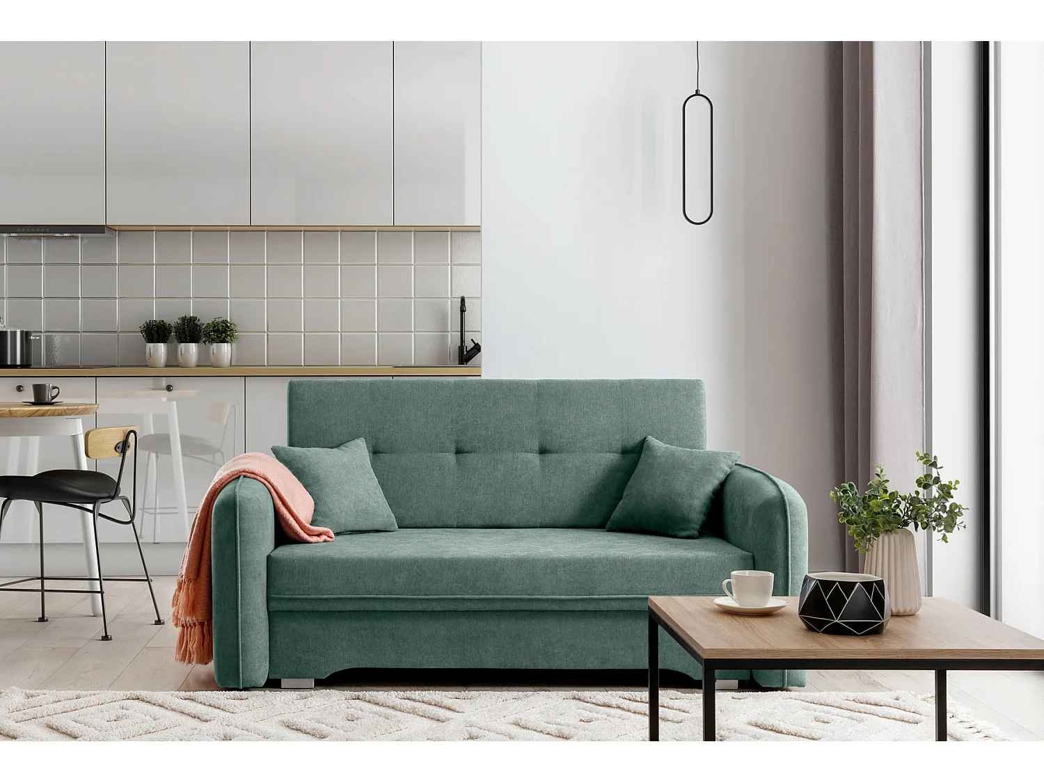 Petit canapé convertible original tissu vert émeraude Lany 155cm