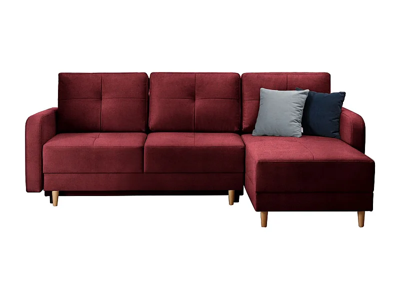 Canapé angle réversible Scandinave velours bordeaux et pieds bois clair Kindo 240cm