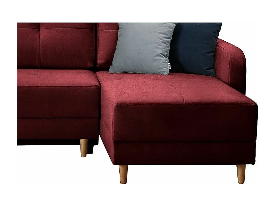 Canapé angle réversible Scandinave velours bordeaux et pieds bois clair Kindo 240cm
