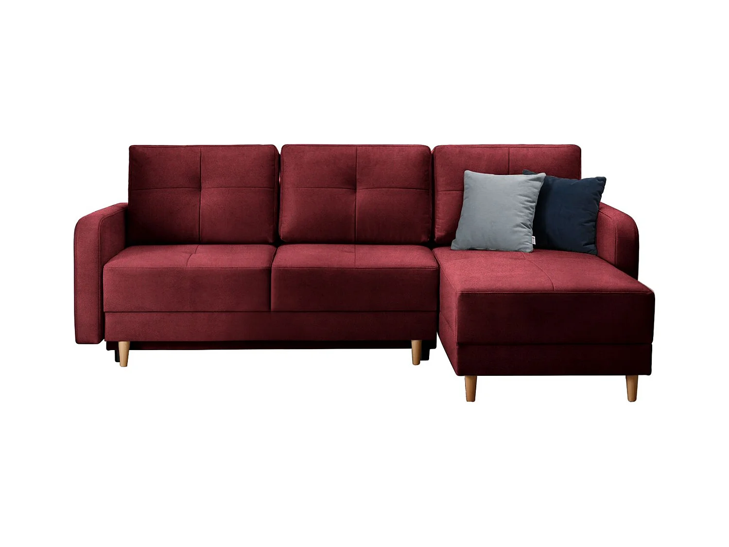 Canapé angle réversible Scandinave velours bordeaux et pieds bois clair Kindo 240cm