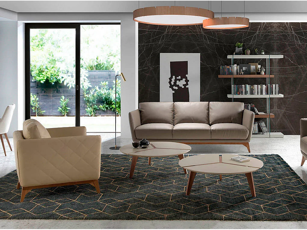 Canapé 3 places contemporain cuir capitonné et bois noyer Kila-Couleur Aqua 02 Crème