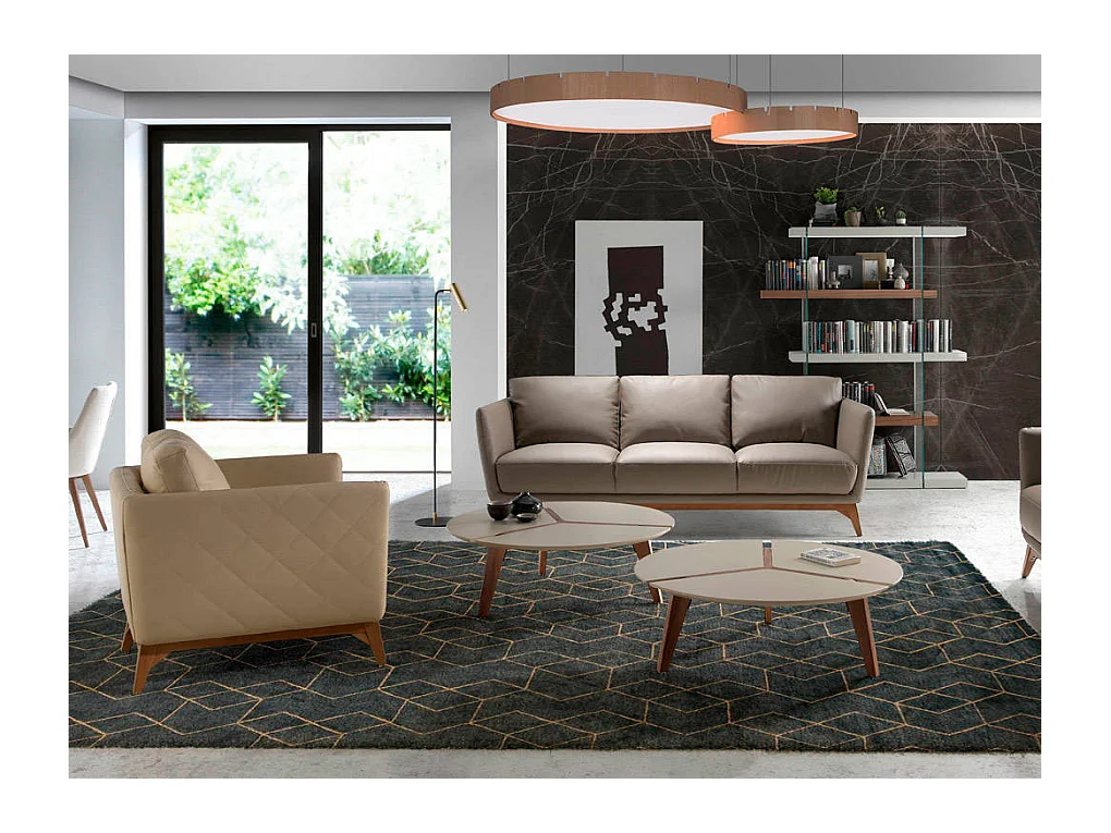 Canapé 3 places contemporain cuir capitonné et bois noyer Kila-Couleur Aqua 02 Crème