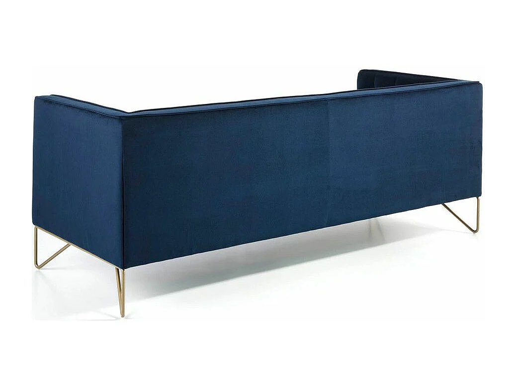 Canapé 3 places effet velours bleu et pieds métal doré Arkane