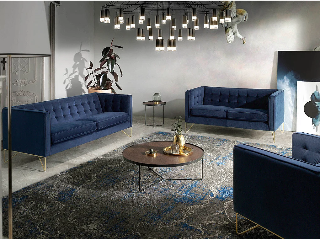 Canapé 3 places effet velours bleu et pieds métal doré Arkane