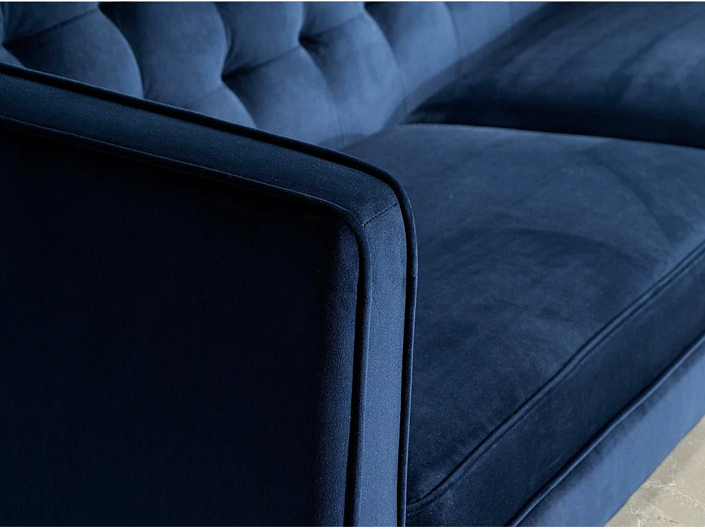 Canapé 3 places effet velours bleu et pieds métal doré Arkane