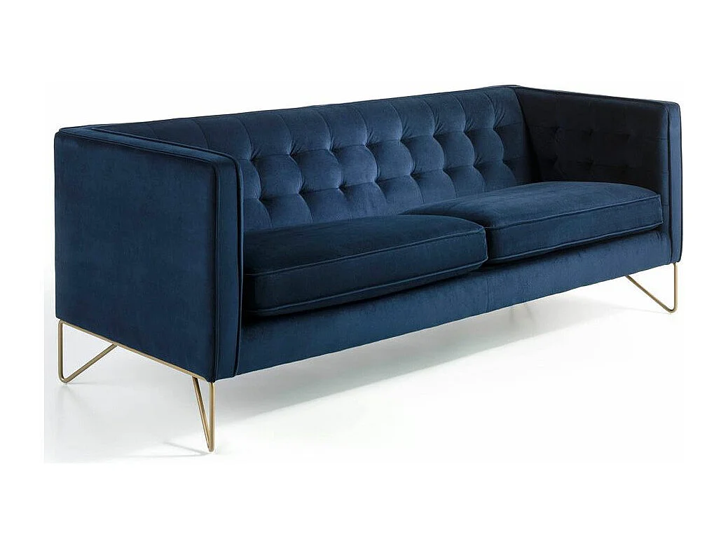 Canapé 3 places effet velours bleu et pieds métal doré Arkane
