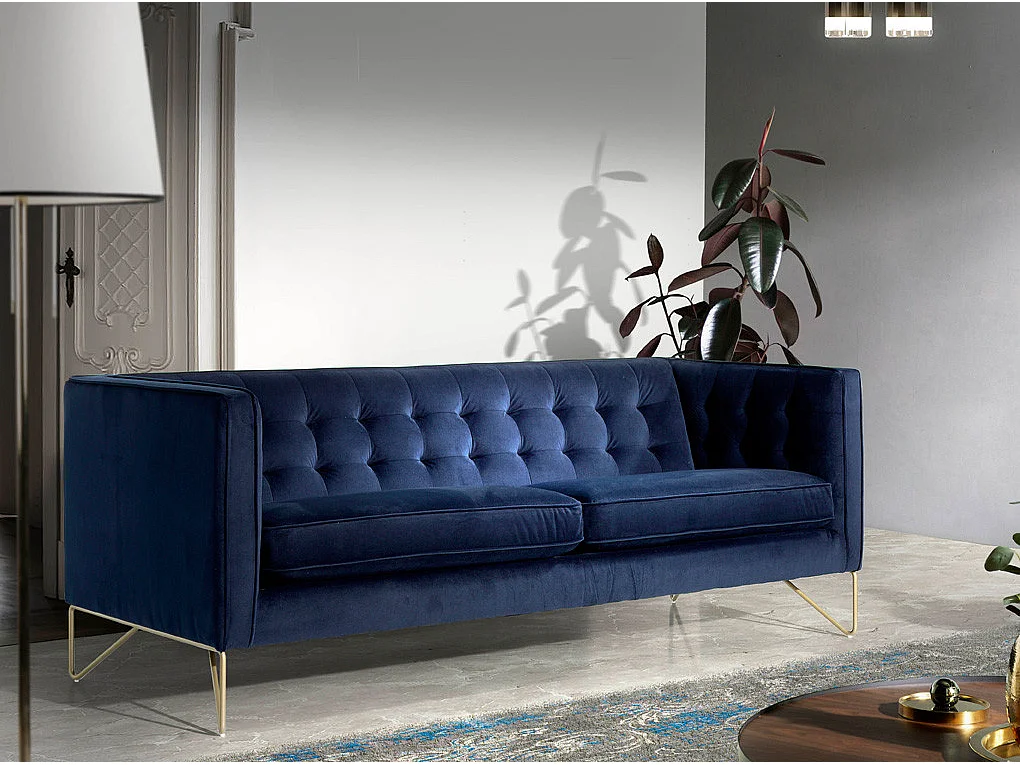 Canapé 3 places effet velours bleu et pieds métal doré Arkane