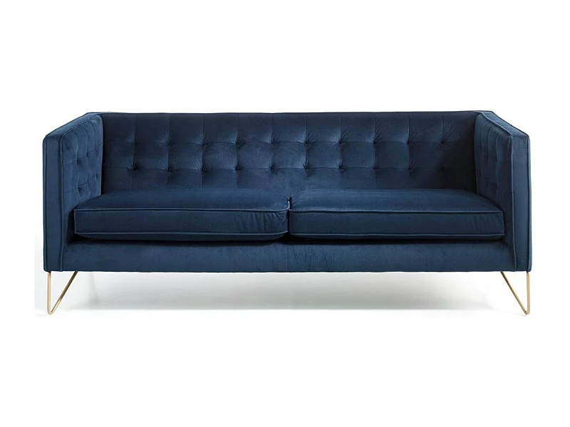 Canapé 3 places effet velours bleu et pieds métal doré Arkane