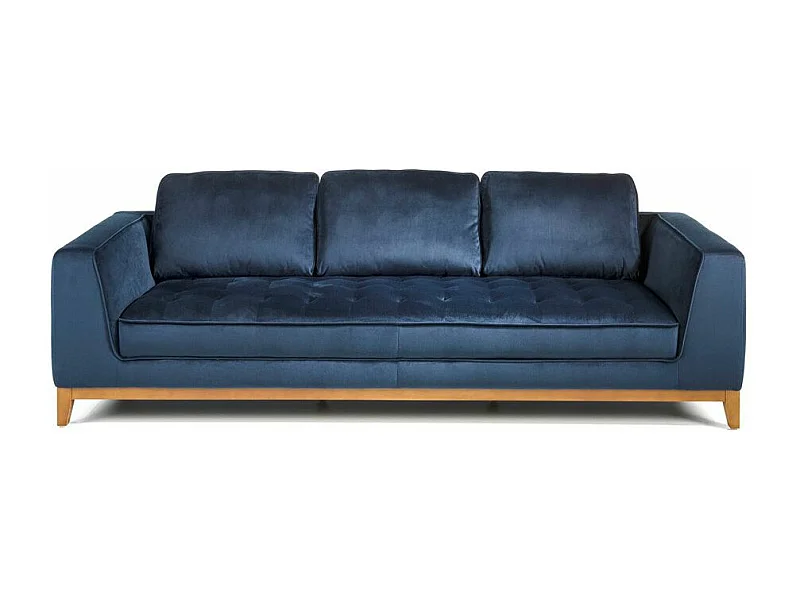 Canapé 3 places tissu bleu effet velours et bois de noyer Hastin