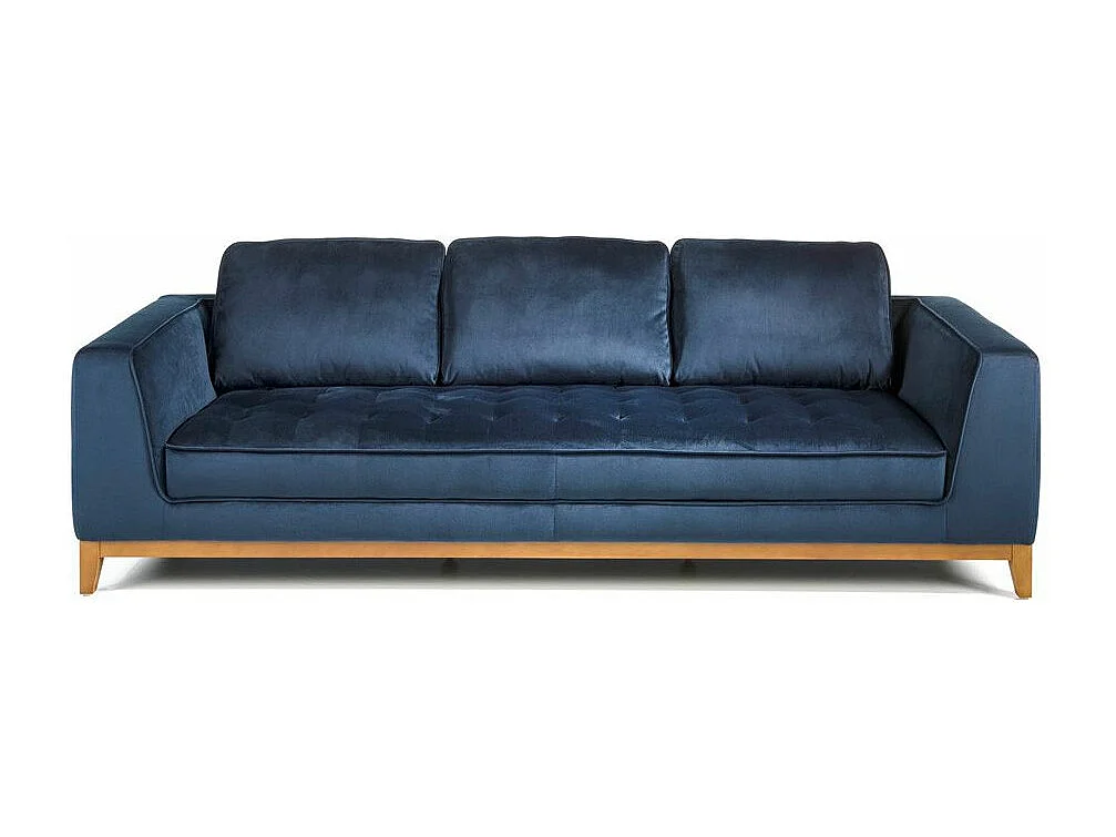 Canapé 3 places tissu bleu effet velours et bois de noyer Hastin