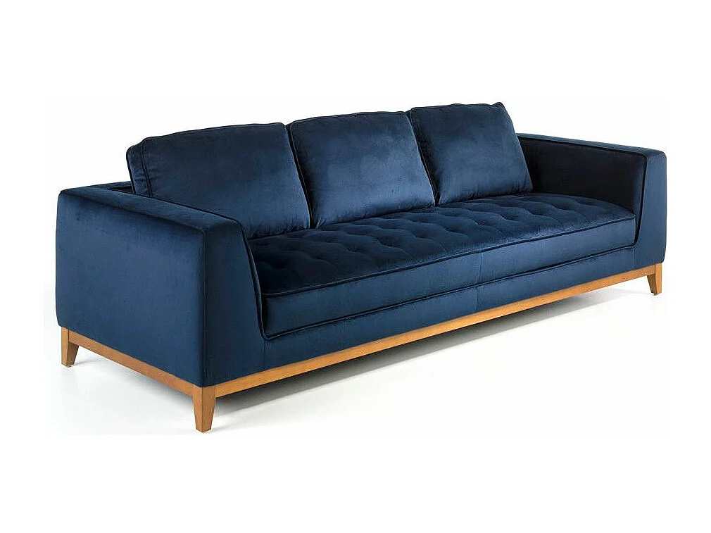 Canapé 3 places tissu bleu effet velours et bois de noyer Hastin