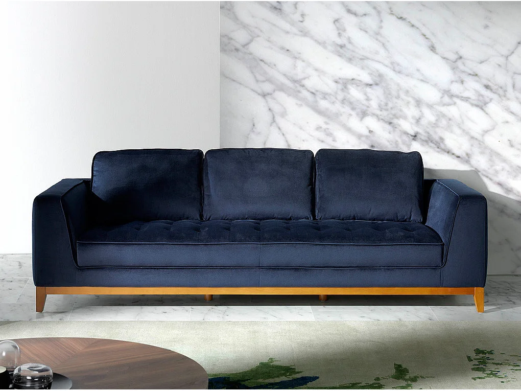 Canapé 3 places tissu bleu effet velours et bois de noyer Hastin