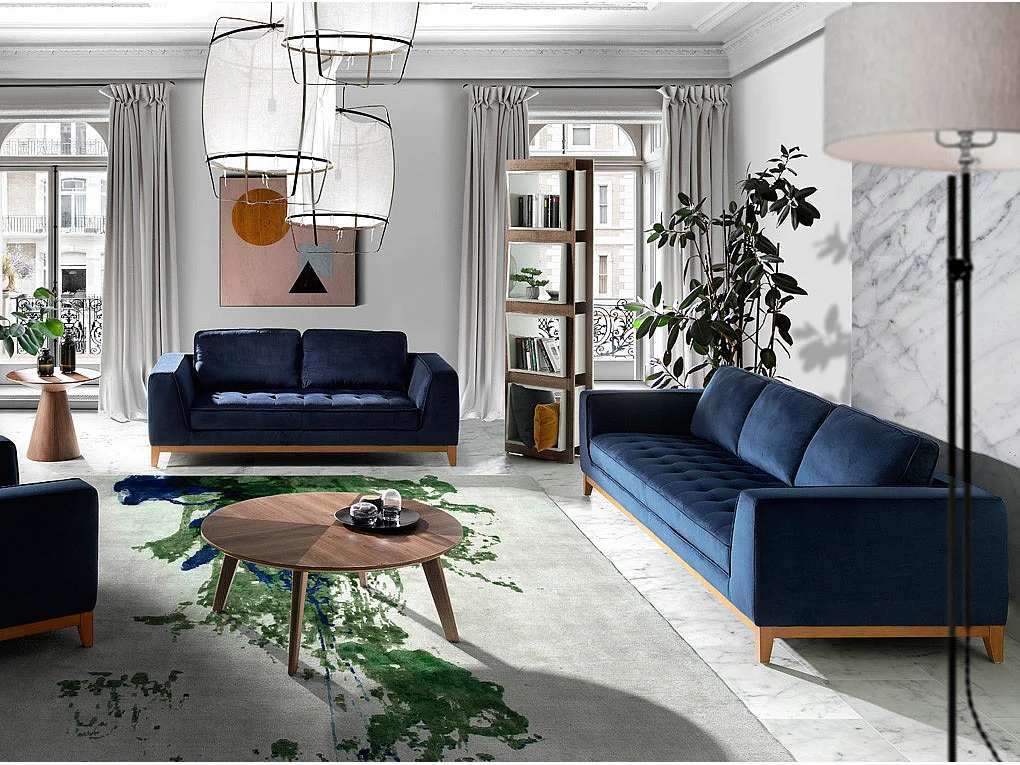 Canapé 3 places tissu bleu effet velours et bois de noyer Hastin