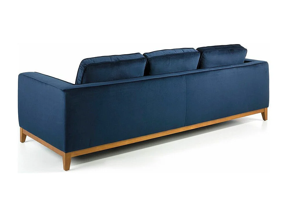 Canapé 3 places tissu bleu effet velours et bois de noyer Hastin