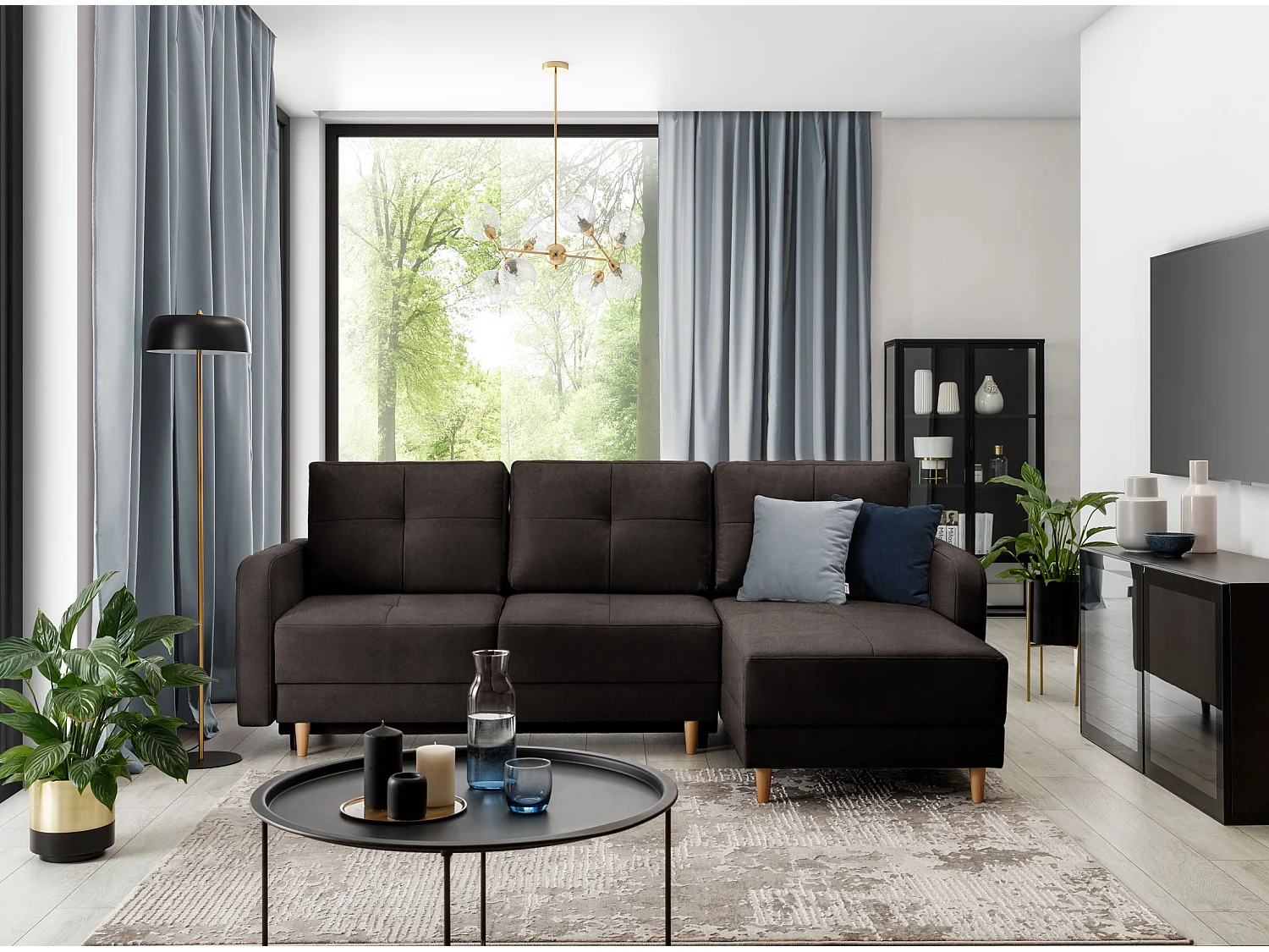 Canapé angle réversible Scandinave velours marron et pieds bois clair Kindo 240cm