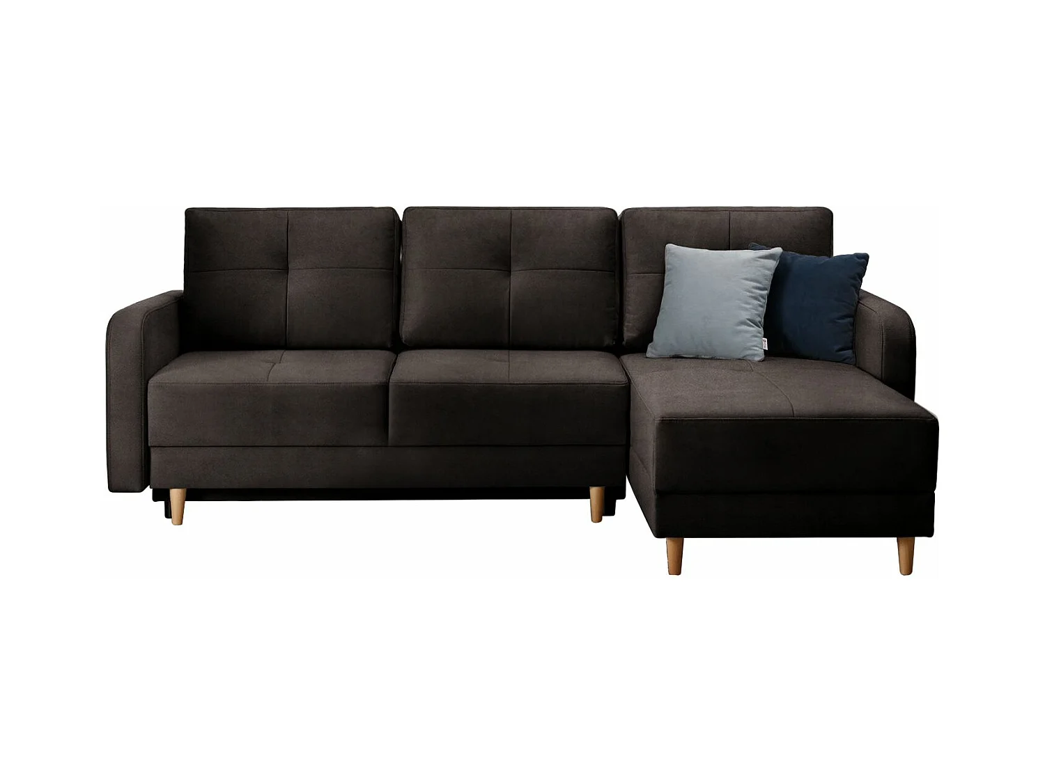 Canapé angle réversible Scandinave velours marron et pieds bois clair Kindo 240cm