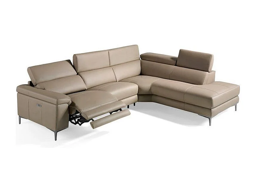 Canapé d'angle droit cuir taupe et pieds acier inoxydable Armand