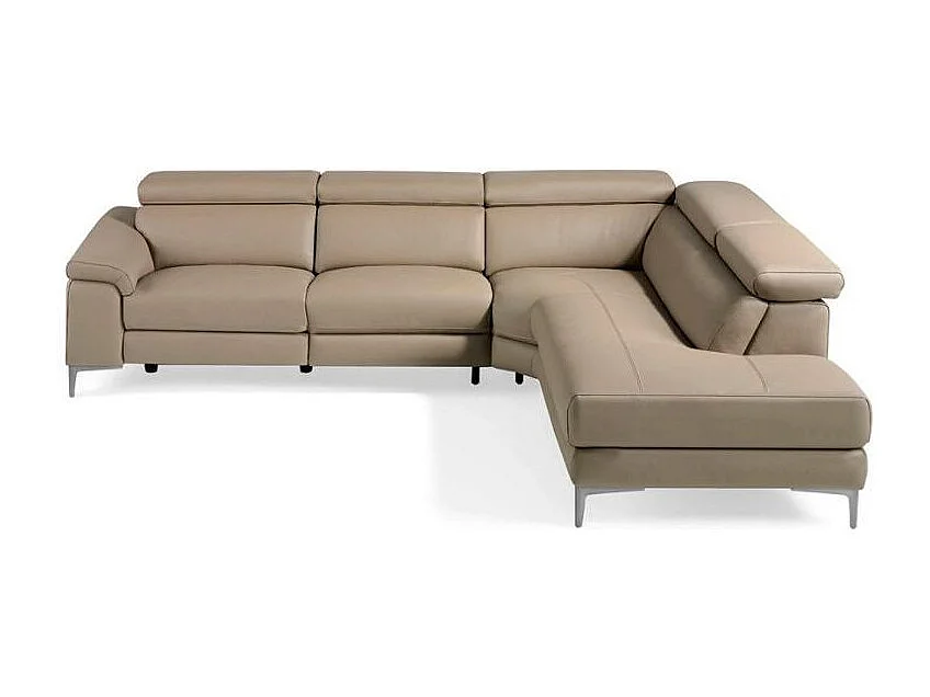 Canapé d'angle droit cuir taupe et pieds acier inoxydable Armand