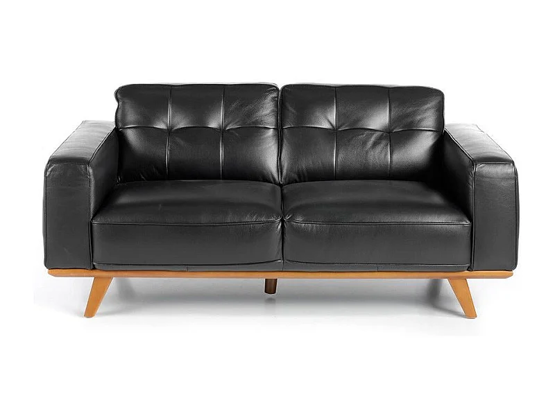 2-zitsbank in gewatteerd zwart leer en massief houten poten Kiro