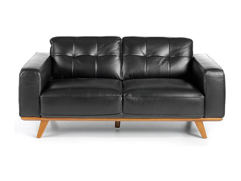 Canapé 2 places cuir noir matelassé et pieds bois massif Kiro