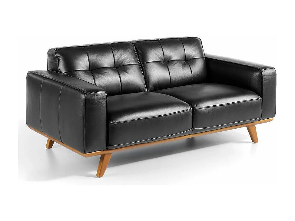 Canapé 2 places cuir noir matelassé et pieds bois massif Kiro