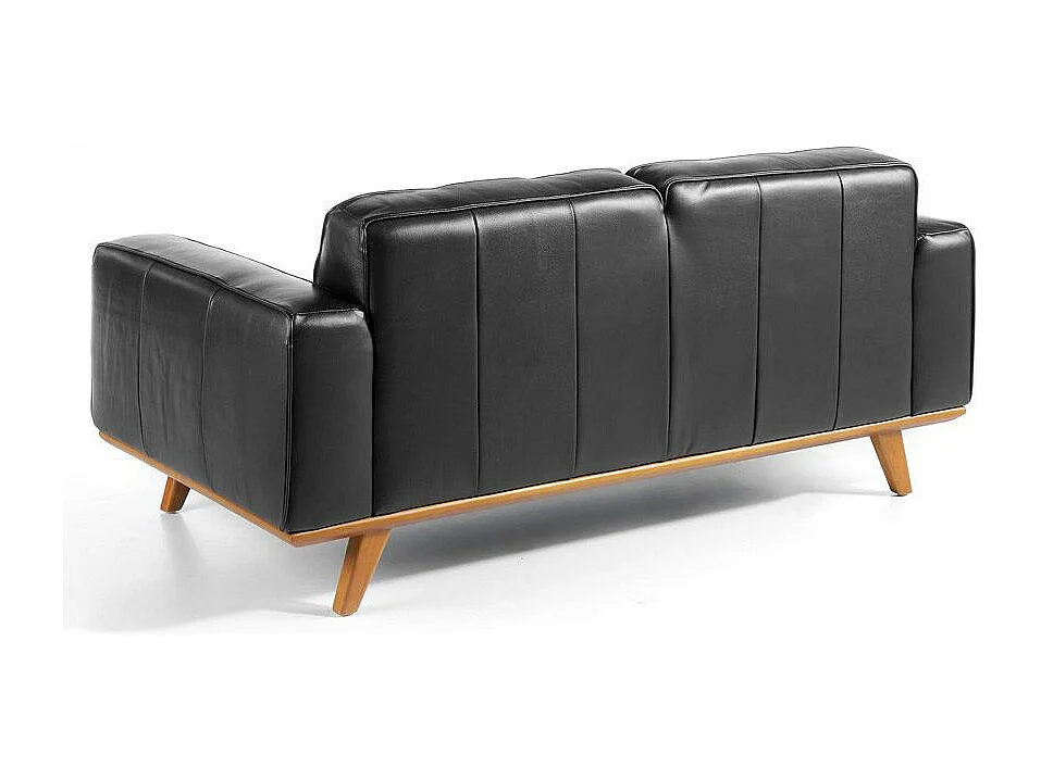 Canapé 2 places cuir noir matelassé et pieds bois massif Kiro